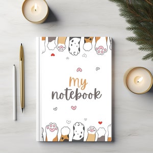 Carnet cartonné blanc patte de chat, femme chat, personnage chat, pattes, chatons, reliure simple, carnet de notes épuré et minimaliste