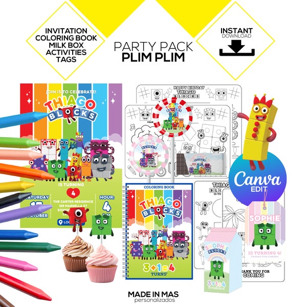 Numberblocks Pack Invitation Coloring Tag Activity Placemat Milkbox Chip bag, Topper , Kit Digital Canva edit , Party, Birthday, Kids print