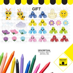 May include: A set of colorful digital clipart images featuring bees, spiders, clouds, flowers, and a basket. The images are perfect for crafting projects, scrapbooking, and digital design.