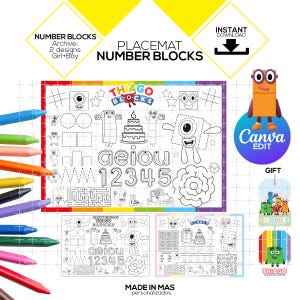 Puede incluir: Un mantel individual imprimible en blanco y negro con los personajes de Numberblocks. El mantel individual incluye un laberinto, una actividad de trazado de números y una actividad de trazado de palabras. El texto "Thiago Blocks" está incluido en el mantel individual.