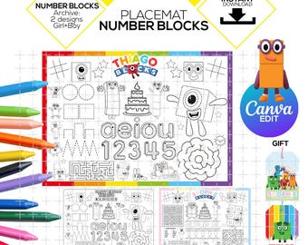 Numberblocks Coloring sheet, Digital Canva edit, boy girl, placemat, tag, Placemat, blocks, activities print, number block