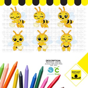 May include: Four digital illustrations of cute cartoon bees holding a pot of honey. The bees are yellow with black stripes and have big eyes. The background is white with a pattern of yellow and black stripes.