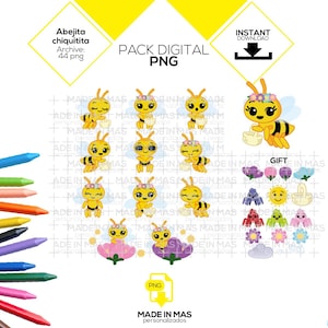 May include: Digital PNG pack featuring cartoon bees in various poses, with flowers and other decorative elements. The image includes text that says "Abejita chiquitita" and "Pack Digital PNG".