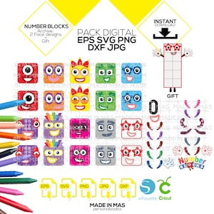 Number blocks, digital pack, eps svg png dxf jpg, number blocks clipart pack, kids, faces number blocks, craft, children, dowloand