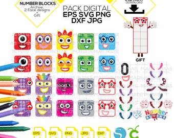 Number blocks, digital pack, eps svg png dxf jpg, number blocks clipart pack, kids, faces number blocks, craft, children, dowloand