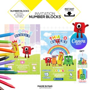 Zaproszenie urodzinowe Numberblocks, edycja cyfrowa Canva, chłopiec i dziewczynka, szablon, tag, etykieta, strona główna, impreza, wydruk dla dzieci, dziękuję, blok numeryczny