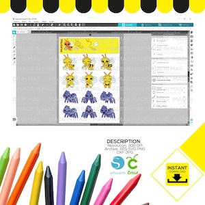 May include: A digital design sheet featuring 12 colorful cartoon bee and spider illustrations. The sheet is labeled "MUESTRA" and is designed for use with Silhouette and Cricut cutting machines. The design sheet includes the text "MADE IN MAS" repeated multiple times.