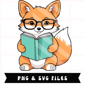 Könnte beinhalten: Ein Cartoon-Fuchs mit Brille, der ein blaugrünes Buch hält. Der Fuchs sitzt auf einem weißen Hintergrund mit einem gestreiften Muster. Der Text "PNG & SVG FILES" und "READY TO USE" befindet sich unter dem Fuchs. Der Text "STRIPED WATERMARK WILL NOT BE ON YOU PURCHASED FILE." befindet sich unter dem Text.