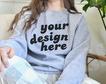 Gildan Sport Grey 18000 Mockup with Real  Model, minimal Oversized Sweatshirt Model Mockup, Front Gildan Gray G18000 Cozy Lifestyle Mockup