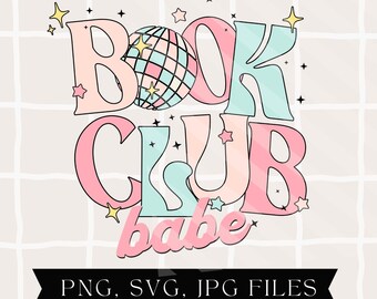 Può includere: Un design grafico rosa e blu con il testo "BOOK CLUB babe" e una palla da discoteca. Il design è su uno sfondo a scacchi bianco e rosa.