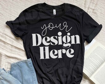 Mockup di maglietta Black Bella Canvas 3001, mockup di libro piatto (download digitale)
