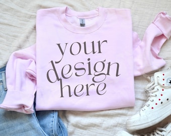 Gildan 18000 Light Pink Sweatshirt Mockup, Valentine's Day Flatlay (Digital Download)