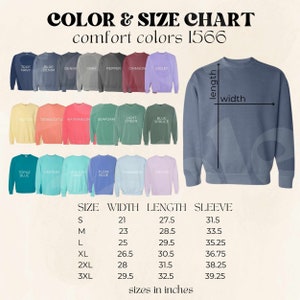 Tabla de colores y tallas Comfort Colors 1566, maqueta de sudadera de cuello redondo Comfort Colors para vendedores POD, maqueta Comfort Color, maqueta