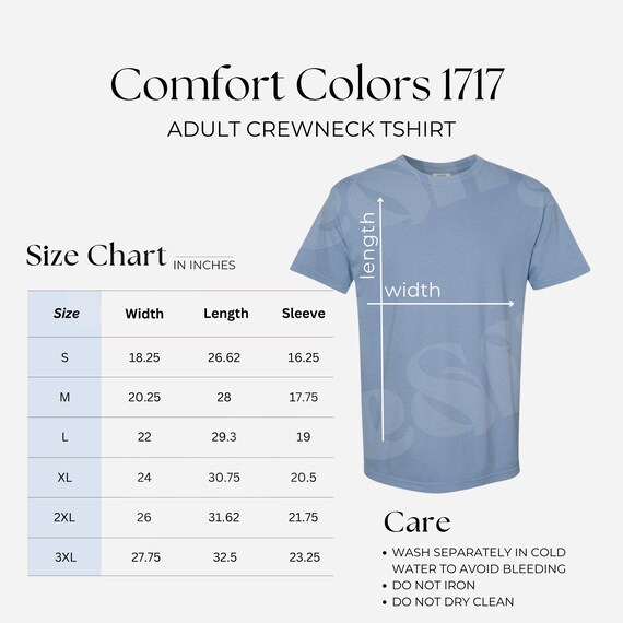 Comfort Colors 1717 T-shirt Size Chart, Care Instructions (digital