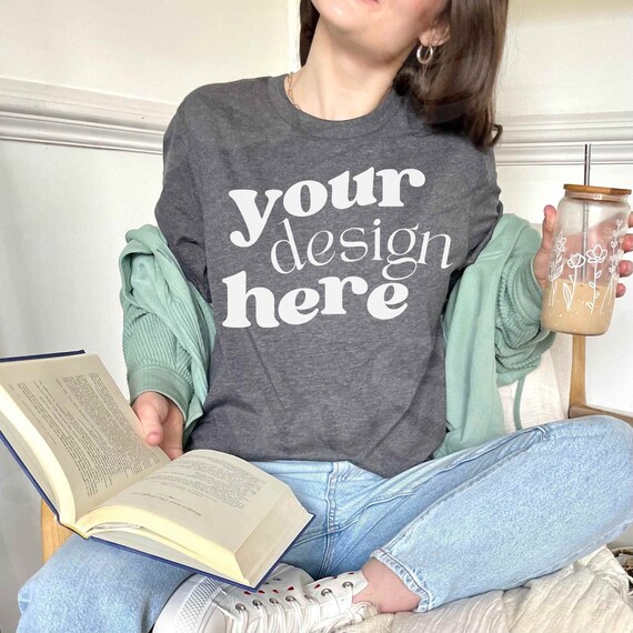 Bella Canvas 3001 Books Dark Heather TShirt Model Mockup, Gray Bella Canvas 3001, Bookworm Mockup, Lifestyle Shirt Mock, Bookish Mockup