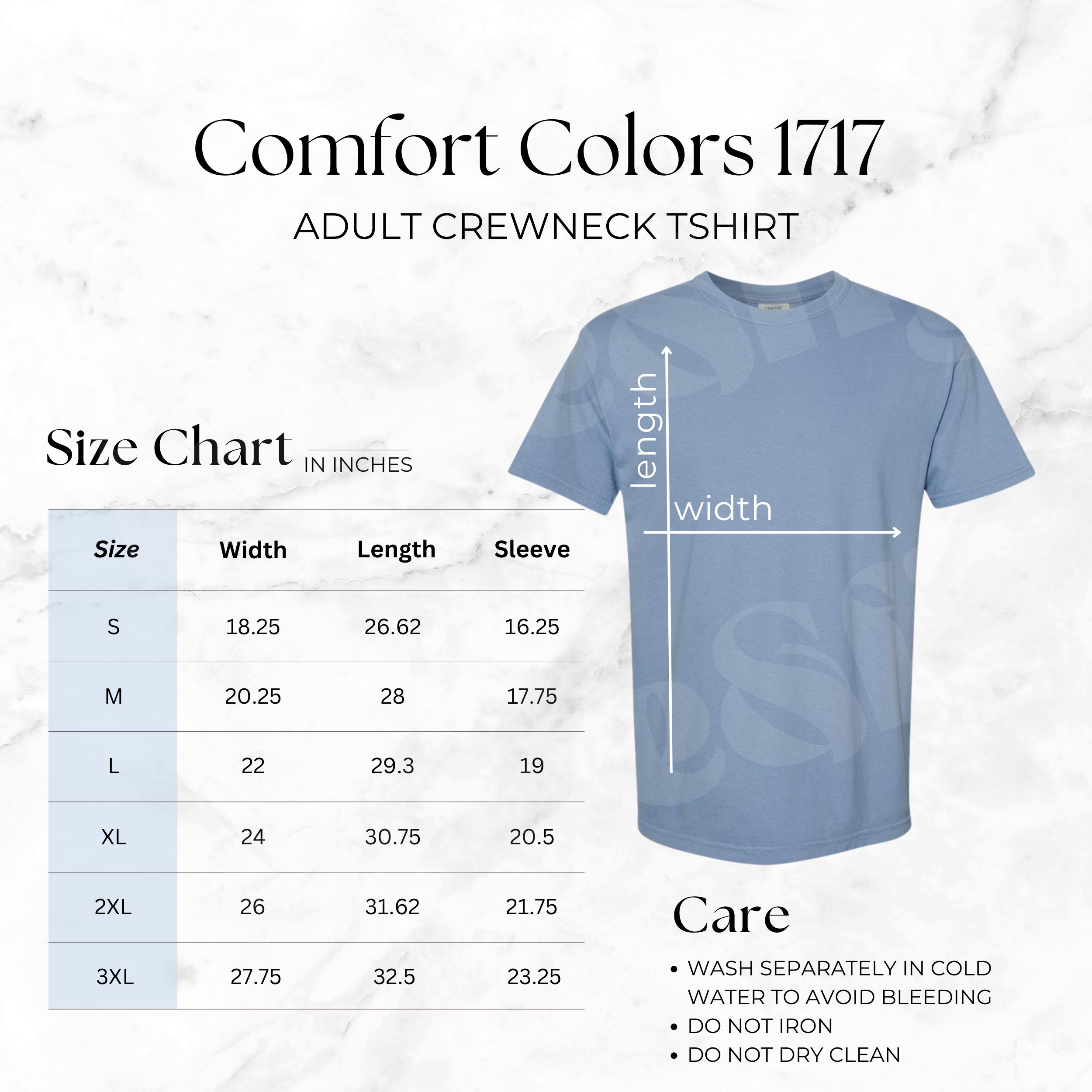 Comfort Colors 1717 T-shirt Size Chart, Care Instructions (digital