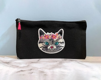 Astuccio per matite per gatti Fiore rosa Astuccio per matite per gatti Borsa in tela per gattino Piccola borsa per cosmetici Regalo di compleanno per ragazza figlia Regalo carino gattino floreale