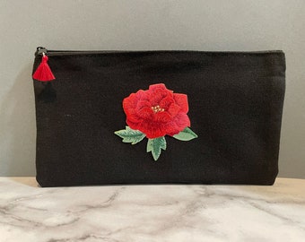 Etui Rode bloem Zwarte cosmetische tas Klein etui met ritssluiting Bloem Rode kleine portemonnee Bloemenkunst Reistas Potloodzakje Cadeau voor vriendin