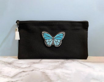 Bolsa de lápiz azul mariposa lápiz caso negro bolsa de viaje pequeño bolso lindo regalo para niña azul monarca mariposa arte lápiz bolsa regalo estudiante