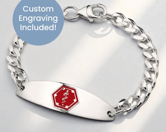 Sterling Silver Medical ID Bracelet: Red Emblem, Custom Engraved