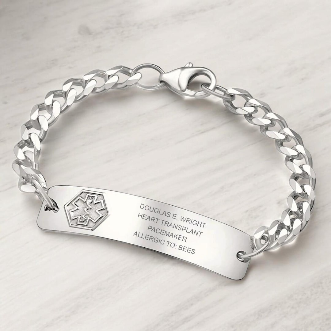 Sterling Silver Medical ID Bracelet: Custom Engraved Emergency Alert ...