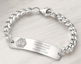 Sterling Silver Medical ID Bracelet: Custom Engraved Emergency Alert Jewelry