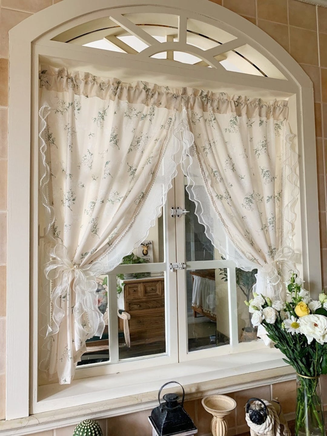 Floral Curtains Cottagecore Pearl Trim Ruffled Cotton Linen Curtain