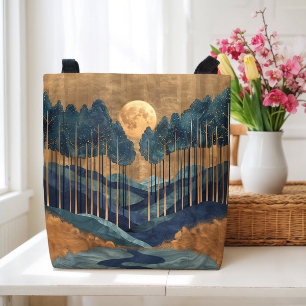 Enchanted Forest Tote Bag, Nature Lover Gift Cottagecore Aesthetic, Moon WICCA Gift, Aesthetic Witchy Moon Market Bag, Camping Overnight Bag
