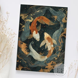 May include: A decorative print showing two koi carp in orange, white, and gold, set against a dark teal background with flowing water elements. The design has a watercolour effect, with a circular composition.
