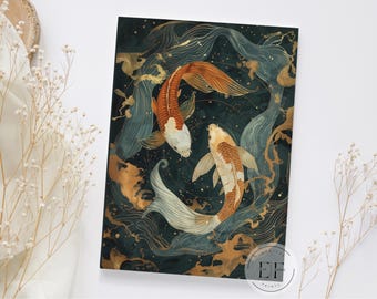 May include: An artistic print featuring two koi fish in shades of orange, white, and gold, set against a dark teal background with flowing water elements. The design has a watercolor effect, with a circular composition.