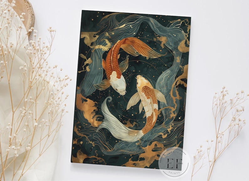 May include: A decorative print showing two koi carp in orange, white, and gold, set against a dark teal background with flowing water elements. The design has a watercolour effect, with a circular composition.