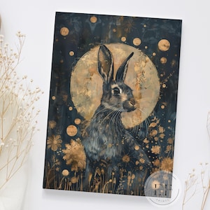 May include: A painting of a brown hare with long ears standing in a field of gold flowers against a dark blue background with a large, golden moon behind it.