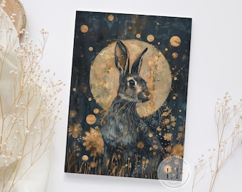 May include: A painting of a brown hare with long ears standing in a field of gold flowers against a dark blue background with a large, golden moon behind it.