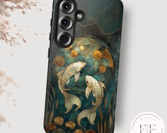 Japanese Koi Phone Case, Faux Stained Glass Pisces Tough Case for Samsung Galaxy S25 S24 S23 S22 S21 S20 Plus Ultra, Slim, Aesthetic Asian