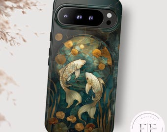 Japanese Koi Phone Case, Faux Stained Glass Pisces Tough Case for Google Pixel 9 Pro XL 9a 8a 8 Pro 7a 7 6a 6 5 4 2, Aesthetic Asian Zen