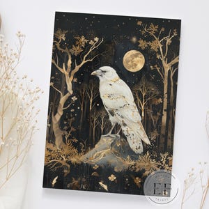 May include: A white raven with gold accents stands on a rock in a dark forest with a full moon and stars in the background. The raven is perched on a rock with gold accents. The forest is dark and mysterious, with gold accents on the trees and leaves.