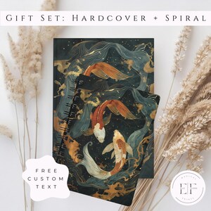 May include: A gift set with a hardcover and spiral notebook. The notebooks display a koi fish design in orange, white, and gold against a dark background. The text "Gift Set: Hardcover + Spiral" is at the top.