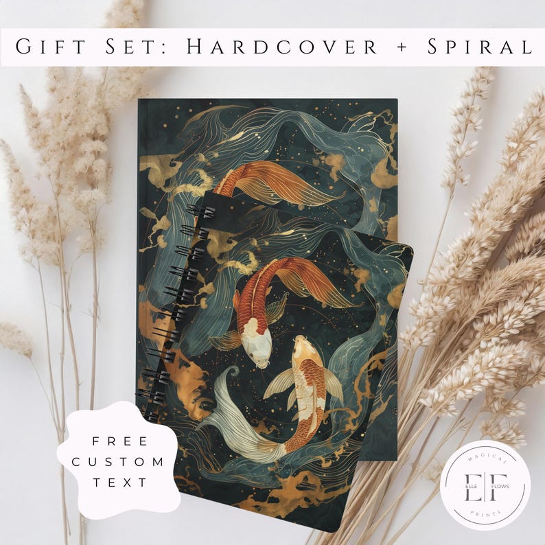 May include: A gift set with a hardcover and spiral notebook. The notebooks display a koi fish design in orange, white, and gold against a dark background. The text "Gift Set: Hardcover + Spiral" is at the top.