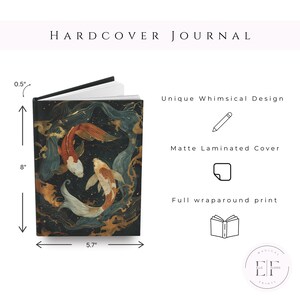 May include: Hardcover journal with a unique whimsical design. The matte laminated cover features a full wraparound print of two koi fish in shades of orange, white, and gold against a dark background. The journal measures 20.3 cm tall, 14.5 cm wide, and 1.3 cm thick.