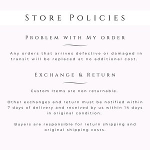 May include: A white background with black text detailing store policies. The text includes sections on problems with orders, exchanges, and returns. It states that defective or damaged items will be replaced at no cost.