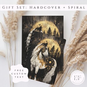 May include: A gift set of two notebooks featuring a black and gold illustration of a horse standing in front of a moon and trees. The text "GIFT SET: HARDCOVER + SPIRAL" is at the top of the image. The text "FREE CUSTOM TEXT" is in a white speech bubble at the bottom left of the image.