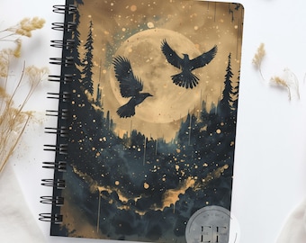 Crows and Full Moon Spiral Journal, Witch Junk Notebook, Witchy Raven Gift, Gothic Dark Forest, Crow Shadow Journal, Whimsigoth Diary