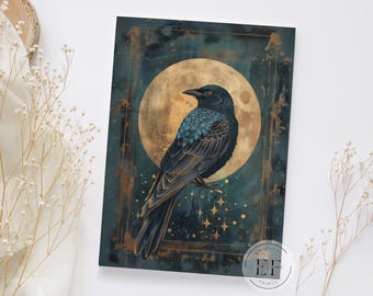 May include: A dark blue crow with a golden sheen sits against a backdrop of a full moon and a starry night sky. The image has a vintage, textured look.