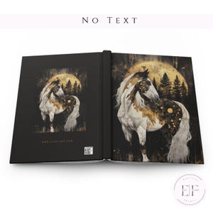May include: A white and gold horse stands in a dark forest with a full moon behind it. The horse has a flowing mane and tail. The moon is surrounded by trees and a starry sky.