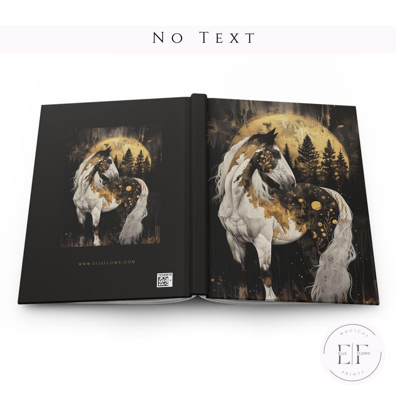 May include: A white and gold horse stands in a dark forest with a full moon behind it. The horse has a flowing mane and tail. The moon is surrounded by trees and a starry sky.