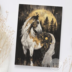 May include: A white and gold horse stands in a dark forest with a large, golden moon behind it. The horse has a long, flowing mane and tail. The forest is filled with tall, dark trees. The moon is surrounded by a halo of light.