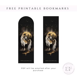 May include: Two printable bookmarks featuring a white horse with gold accents standing in a forest with a full moon in the background. The bookmarks are black with gold stars and the text "www.illeflows.com" at the bottom.