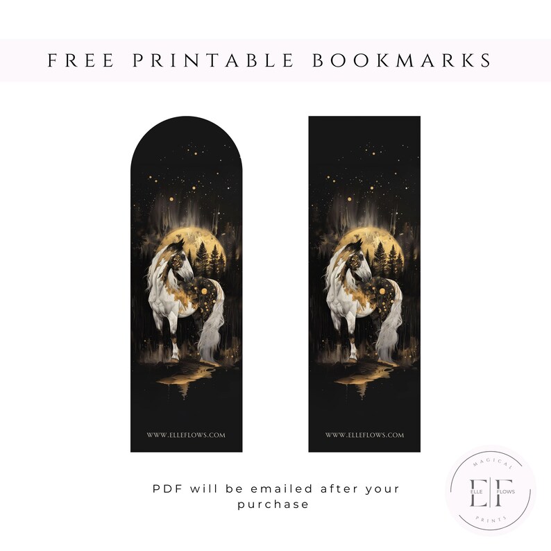May include: Two printable bookmarks featuring a white horse with gold accents standing in a forest with a full moon in the background. The bookmarks are black with gold stars and the text "www.illeflows.com" at the bottom.
