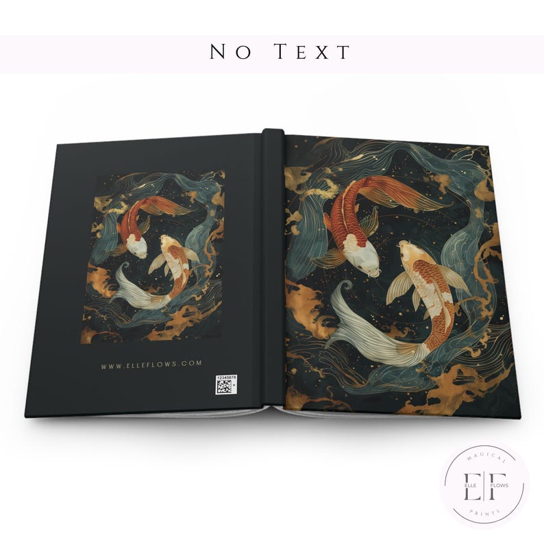 May include: An open journal with a black cover featuring a koi fish design. The artwork depicts orange, white, and gold koi fish swimming in a dark blue and gold water scene. The journal's interior pages are visible.
