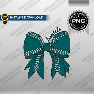 May include: A teal bow with white stitching, resembling a baseball. The word "Seattle" is written in cursive. The image also includes the text "Instant Download" and a "Digital Download PNG" badge.